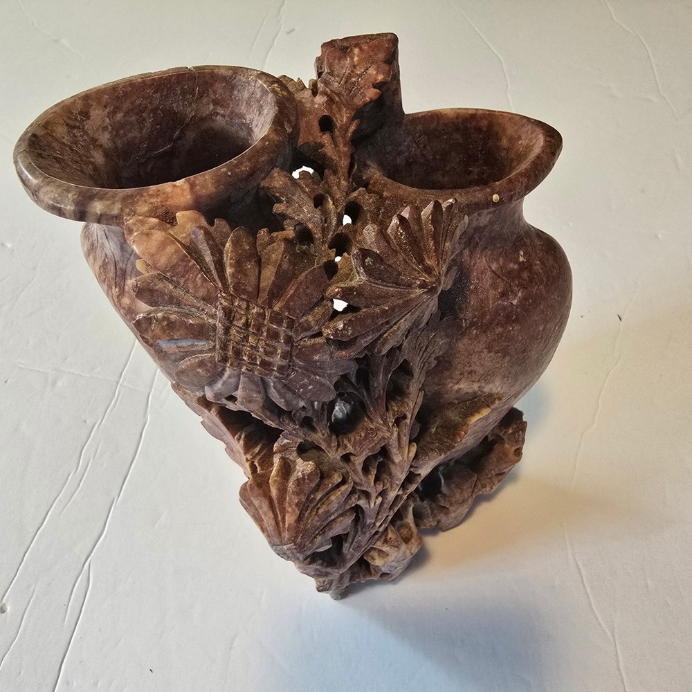 Vintage Asian Hand Carved Soapstone Double Vase Home Decor Brown Chinese